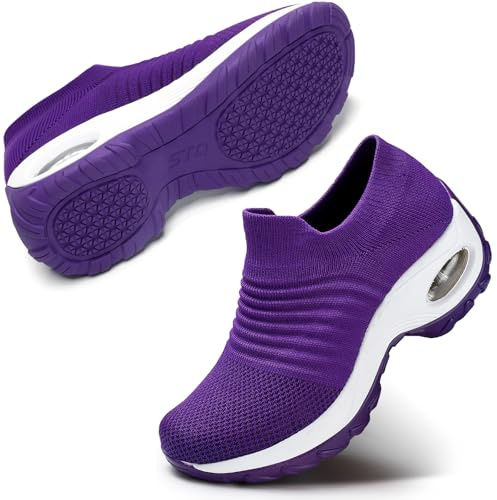 STQ Womens Slip on Walking Shoes Breathable Non Slip Work Shoes Comfortable Orthopedic Sneakers with Arch Support Purple 7