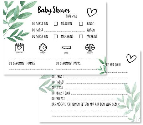 Gentle North Babyparty Spiele (25 Karten - beidseitig Bedruckt) - Deutsch - Babyshower Spiele für Junge und Mädchen - Deko Baby Shower Party Spiel - Grün Quer