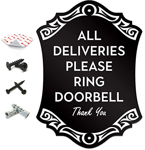 SignSeries Delivery Instruction Door Sign - All Deliveries Please Ring Doorbell, House Sign, 6.25” X 4.5” - Mounting Hardware Included, Easy Installation - Heavy-Duty and Weather-Resistant