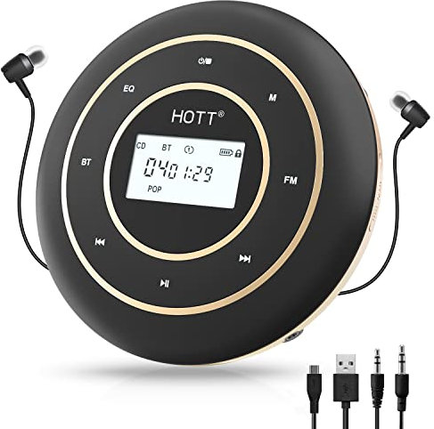 HOTT CD105 CD Player Portable for Car with Bluetooth and FM Transmitter Rechargeable Compact CD Player with Touch Buttons, Backlight Display for Home Cars Fitness