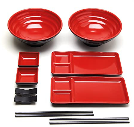 Goliber 10 Piece Japanese Style Dinnerware Set - Includes 2 Sushi Plates, 2 Ramen Bowls 2 Sauce Dishes, 2 Pairs of Chopsticks, 2 Chopsticks Holders (Red)