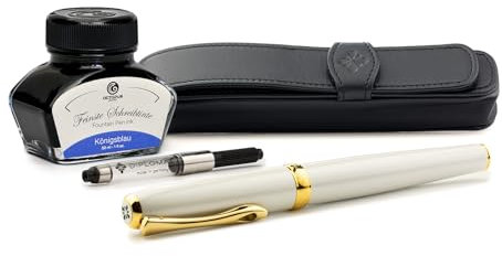 Diplomat Excellence A2 Perlmutt Gold, Füllfederhalter im Set mit Stiftetui aus Leder, Schreibtinte und Konverter, Füller mit Edelstahlfeder Stärke M, Füllhalter-Set