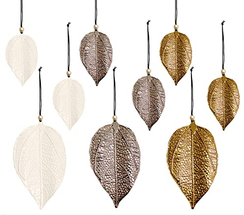9er Set Anhänger Herbst Schimmerblatt Herbstblätter Hänger Blatt Dekohänger Herbstdeko Metall Gold/Weiss/Silber (9er Set Anhänger Blätter GWS)