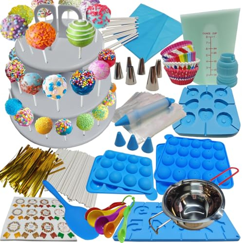 554PCS Cake Pop Maker Kit - Silicone Lollipop Molds Baking Supplies with 3 Tier Display Stand | Chocolate Candy Melting Pot | Bags and Twist Ties | Cakepop Sticks | Decorating Pen