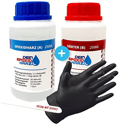 Epoxidharz mit Härter - RESIN ART | 1:1 Formel | 500ml | Kristallklar, UV-Schutz, Mittelviskos | im Set mit Handschuhe + Rührstab
