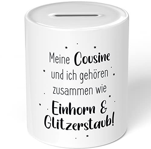 JUNIWORDS Spardose Sparbüchse, Meine Cousine und ich gehören zusammen wie Einhorn & Glitzerstaub! (1008692)