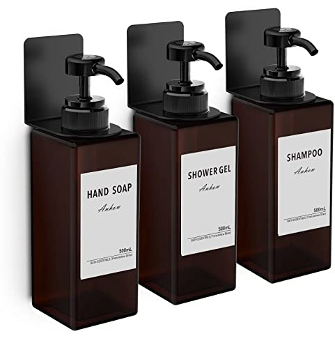3 Piezas Dispensador Jabon Baño, 500ml Dispensador de Jabón para Pared Sin Necesidad de Taladrar con 3 Soportes y 16 Etiquetas Impermeables para Cocina y Baño, Marrón