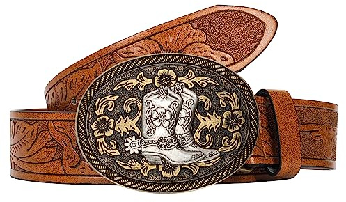 INOGIH Ceinture large western cowboy à disque vintage en cuir concho style bohème pour jeans, robe, jupe, Bottes - Marron, For Waist 28-38 in