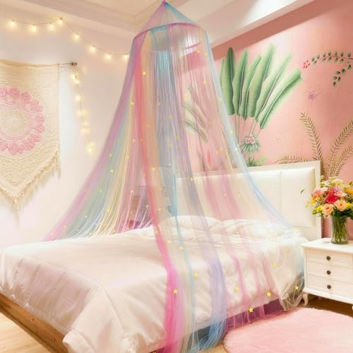 Eimilaly Baldaquin de lit Princesse Arc-en-Ciel avec étoiles phosphorescentes, baldaquin de lit pour décoration de Chambre de Fille ou fête sur Le thème de la Licorne