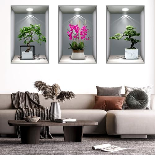 3 Stück 3D Vase Wandaufkleber, Wandtattoo Pflanze, Vasen Wandtattoo,Vases Wall Stickers For Living Room,Vinyl Abnehmbare Flasche Und Grünes Blatt Wandbilder Für Wohnzimmer, Schlafzimmer, Bad, Küche (
