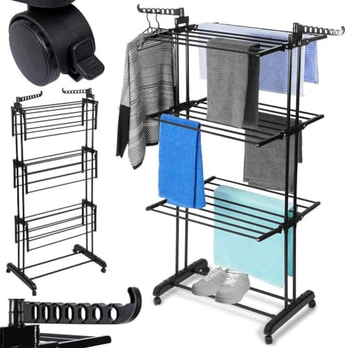 Vilde Turmwäschetrockner Wäscheständer Wäscheturm Wäschetrockner aus Metall auf Rollen schwarz 125x170 cm