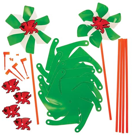 Baker Ross FX989 Welsh Flag Windmill Kits - Pack of 6, St Davids Day Craft Kits for Kids