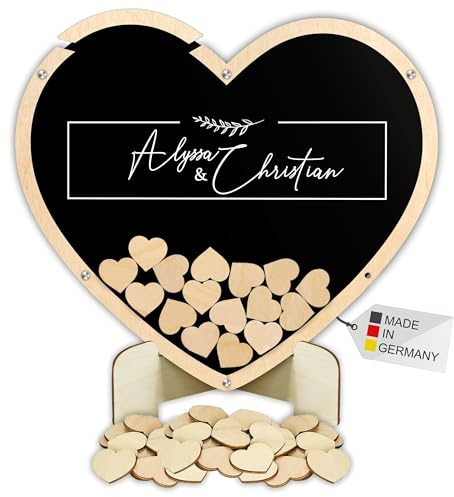 Manschin-Laserdesign Gästebuch Drop in aus Holz und Acrylglas zur Hochzeit, personalisiert, Wunschgravur, Wunschfarbe inkl. Herzen (Hintergrund Farbe Schwarz)