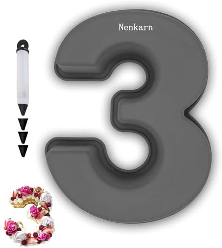 Nenkarn Number 3 Cake Tin, Silicone Number Cake Moulds with Decorating Pen, 10 Inch Number Cake Tins for Baking, Birthday and Anniversary, BPA Free, Non-Stick