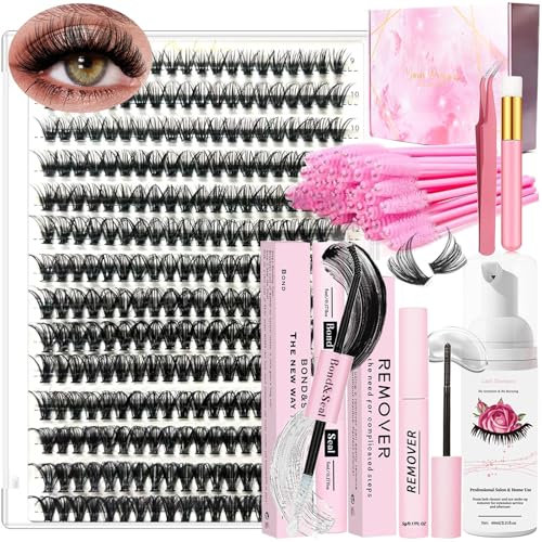 DIY Lash Extension Kit Cluster Lashes 280 Pcs 9-16mm 40D Individual Lashes Clusters with Bond and Seal Glue Remover Tweezers Lash Shampoo Cleansing Brush