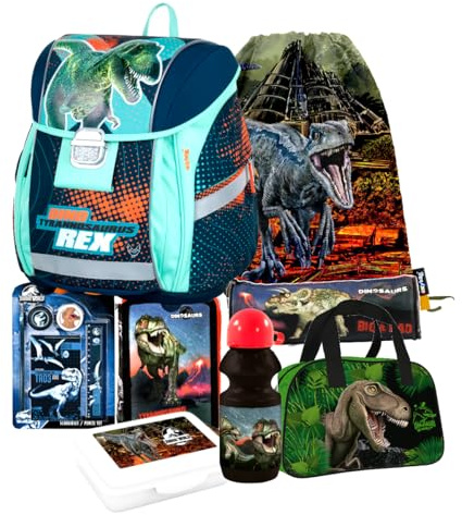 Dinosaurier Dino T-Rex Schulranzen Ranzen Tornister 8 Teile Set Tasche Sporttasche mit Sticker-von-Kids4shop