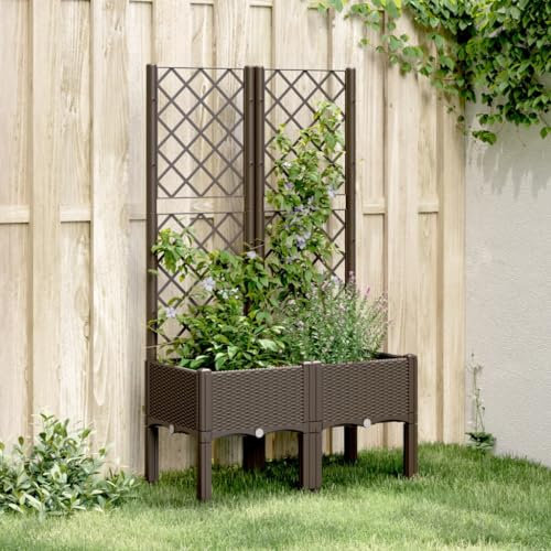 Homgoday Blumenkasten für den Garten mit Rankgitter braun 80 x 40 x 142 cm aus PP, Gartenmöbel, Pflanzgefäß für den Garten, Blumenkasten für den Außenbereich, Balkonkasten
