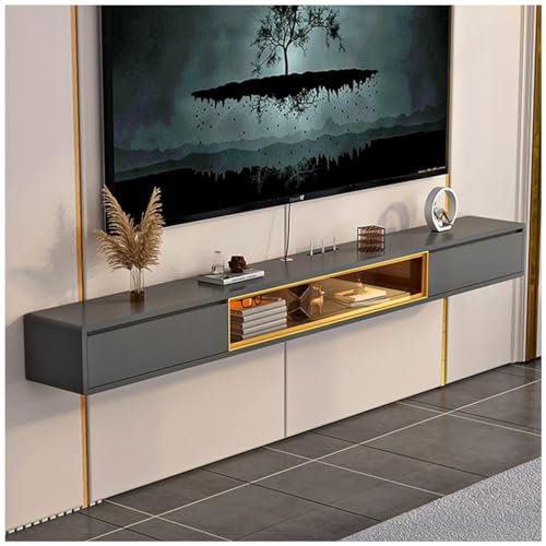 WDSOPK Schwebender TV-Ständer, an der Wand montierte Medienkonsole, schwebendes Entertainment-Center, schwebendes Regal mit Glastür und Stauraum für den Unter-TV-Projektor,Grey-220cm