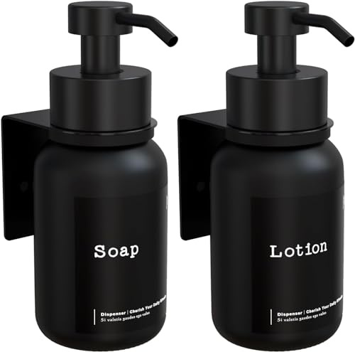 TEHEO Glas Seifenspender Wandbefestigung Schwarz 250ml - Wandseifenspender Kleben oder Bohren - Seifenspender Wand Ohne Bohren - Flüssigseifenspender für Shampoo Duschgel [2 Stück]