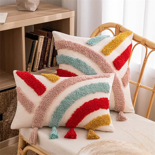 Boho Kissenbezug, Boho Kissen Rosa Beige Bunt Kissenbezug, 3D Muster Stuhlauflage Plüsch Kissenhüllen Weich Flauschig Mit Quasten, Moderne Geometrisches Beige Boho Deko Kisse (#10, 30x50 cm)