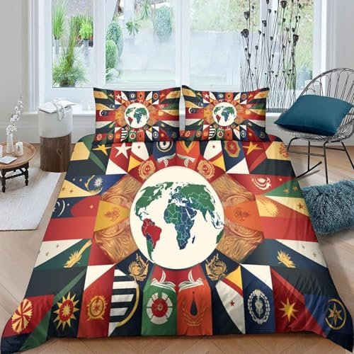 Länderflaggen Der Welt Bettwäsche Set 155X200 cm Bettwäsche 3D Bettbezüge Kissenbezüge Bettbezug Bettzeug Microfaser 3-Teiliger Teenager Mädchen Jungen Kinder Geschenk - Anti-Allergie -066V533H203B1