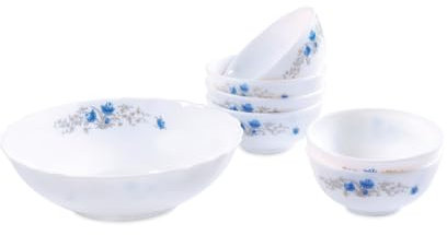 Housetronics 7-Piece White Opal Glass Bowl Set, Blue Floral Pattern, Heat Resistant, Desserts, Noodles,Soup, Cereal Serving Footed Bowls, Romania Print
