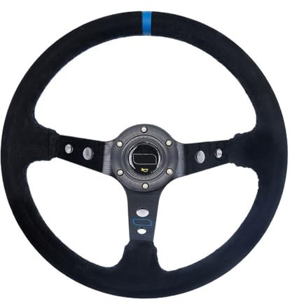 LUOKEKE Sportlenkrad Universal 350mm 14 Zoll Wildleder Auto Racing Lenkräder Driften Sport Lenkrad Holzlenkrad(Suede-Black-Blue)