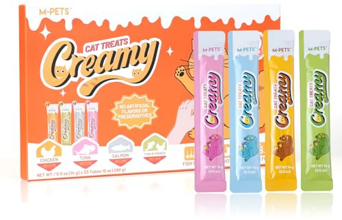 M-PETS Creamy Lickable Cat Treats – 4 Flavor Variety Pack, 20 Tubes of Healthy Squeeze Up Snacks with Functional Nutrients for Hydration, Skin & Coat, and Digestive Health – Grain Free, High Protein