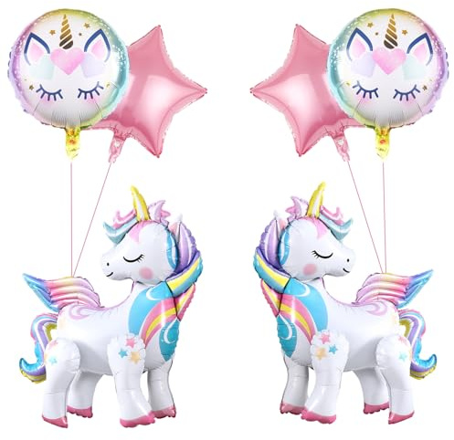 KOBOKO Stehend Einhorn Luftballon, 6 Stk Folienballon Einhorn Deko Kindergeburtstag, 3D Einhorn Ballon Geburtstag Deko Mädchen, Einhörner Deko Luftballons, Unicorn Deko Stern Helium Ballons Party Deko