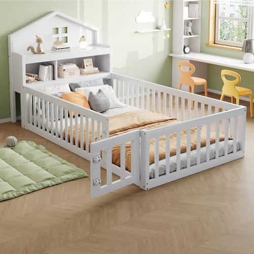Kinderbett Bodenbett 90x200 cm mit Rausfallschutz&Lattenrost&Tür &Stauraum-Kopfteil&Tafel, Montessori Bett Bed Gitterbett Hausbett Kinder Jugendbett Einzelbett Holzbett Bettgestell, Massivholz, Weiß