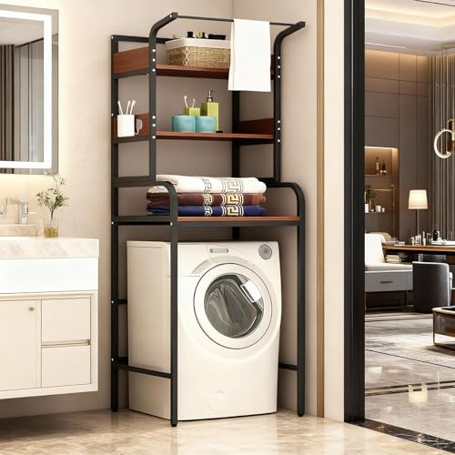 Dernoing Estanteria Multiuso sobre Lavadora 3 Niveles, Mueble sobre Lavadora con Barra de Colgar, Estante de Almacenamiento para baño (3CXYJH-HY, 70x60x190cm)