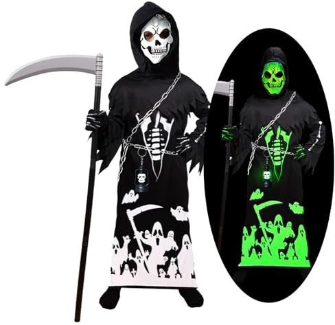 Fractoluxe Costume de faucheuse pour enfant, garçon, d'Halloween, brille dans la nuit, costume effrayant de Grim Reaper, avec chaîne de taille et faucille, pour Halloween, carnaval, cosplay