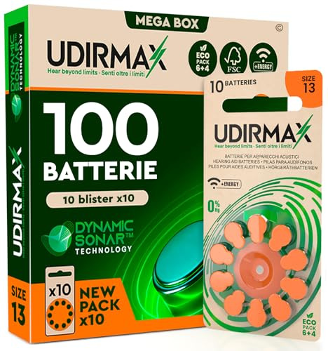 100 Batterie per Apparecchi Acustici PR48 Misura 13 Arancioni - Pile Zinco-Aria 1,45V Udirmax con Tecnologia Dynamic Sonar - Formato Eco Pack - 10 Blister Ecologici da 10 Pile