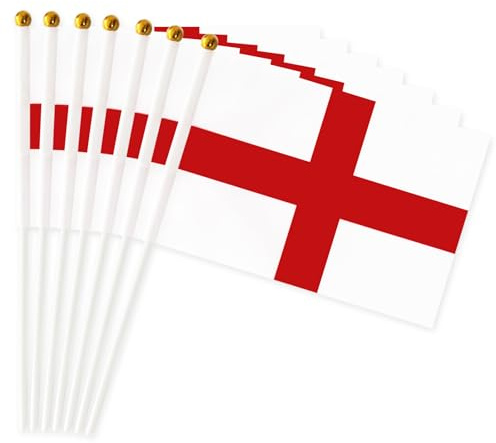 Paquete de 20 banderas pequeñas de Inglaterra de mano de 14 x 21 cm, banderas inglesas de doble cara con palos de plástico con tapas doradas para desfiles, día de San Jorge, eventos nacionales y
