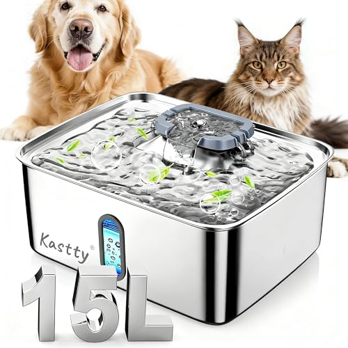 Kastty 3.96 Gal Dog Water Fountain for Large Dogs,15L Stainless Steel Large Pet Water Fountain, Ultra Quiet Automatic Dog Water Bowl Dispenser with Water Level Window and LED Light(FS78,Grey