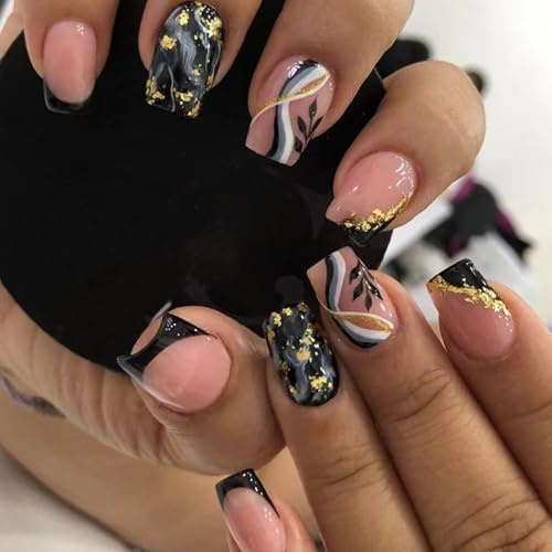Lot de 24 faux ongles courts carrés à presser - Noir - Pointe française avec feuille d'or - Faux ongles brillants - Pour femme et fille - Pour la vie quotidienne, la fête, le mariage, Halloween, Noël