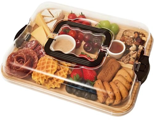 Wurstwarenbrett mit Deckel Bamboo Charcuterie Boards mit Clear Deckel & Handles 6 Fächer, die Tablett für Kitchen Food Snack Board servieren