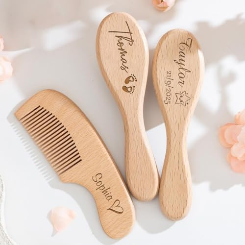 Baby-Bürsten- Und Kamm-Set Für Neugeborene Personalisiertes Geschenk, Individuelles Holz-Haarbürsten-Set Für Kleinkinder Mit Weichen Ziegenborsten, Bürste Gegen Milchschorf, Andenken Für Babys