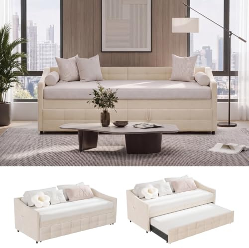 BLSYHDH Ausziehbett 90/180x200, Umbaubares Sofa 2-Sitzer Bett Sofa Ausziehbett mit Lattenrost für Erwachsene, Multifunktionales Bett aus Veloursstoff (Beige-1)