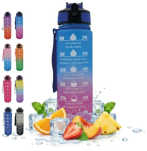 NelQuieOra Borraccia Motivazionale 1L, Bottiglia Acqua con Indicatore del Tempo, Beccuccio a Ribalta, A Prova di Perdite, Laccetto in Tessuto, Palestra Sport Viaggio Scuola (Blu e Viola)