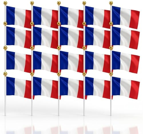 QEDBOJE 20 Drapeaux à Main en Nylon, Petit Drapeau Français, Haute Qualité et Résistant, pour Célébrations Françaises, Fête Nationale, Supporter France, 2026 Coupe du Monde (Bleu, Blanc, Rouge)