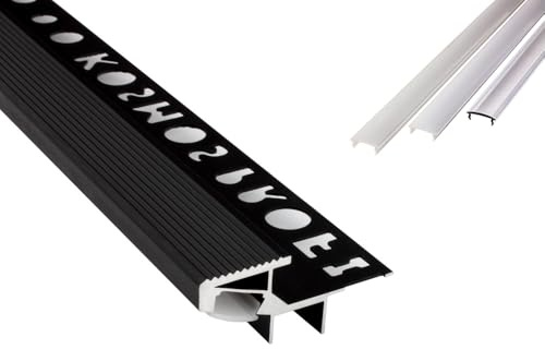 tktrading24 T-40 20° LED Premium Treppenprofil Alu Fliesenprofil 12mm schwarz - 2m milky