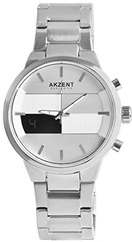 Akzent Montre analogique numérique à quartz pour homme en acier inoxydable argenté avec affichage négatif, chronographe de sport, alarme, lumière, chronomètre, date, affichage du mois et podomètre