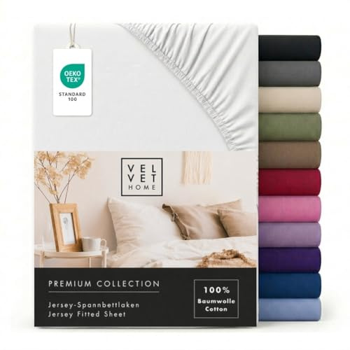 VelvetHome Spannbettlaken 140x200cm 100% gekämmte Baumwolle, Jersey Spannbetttuch für Matratzen bis 25 cm Höhe, Oeko-Tex Zertifiziert, bügelfrei, elastisch, atmungsaktiv, weich, Weiß