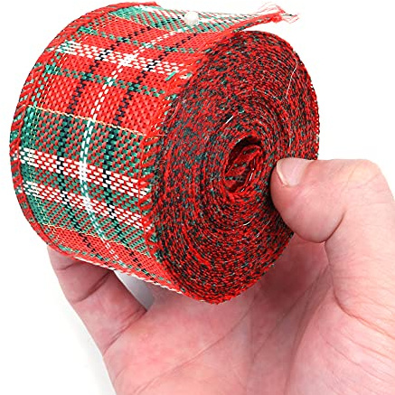 Alnicov Cinta de tela escocesa,2 rollos de cinta de arpillera navideña,cinta de envoltura con alambre para manualidades,decoración de manualidades,arcos florales,6m cada rollo (verde de Navidad)