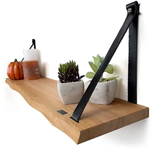 Industial Living Schwebe-Wandregal mit Lederriemen, Bücherregal aus hochwertigem Massivholz