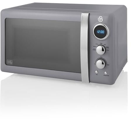 Swan SM22030LGRN Retro LED Digital Microwave with Glass Turntable, 5 Power levels & Defrost Setting, 20L, 800W, Grey