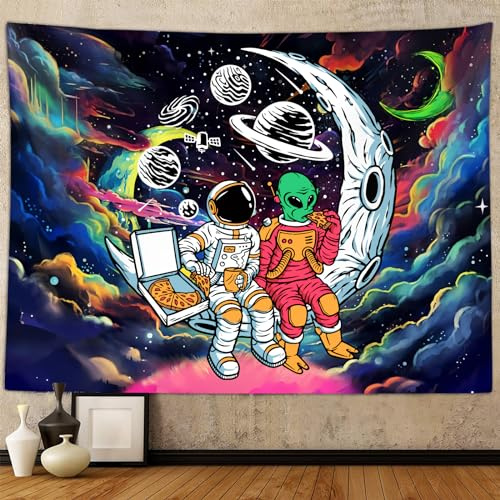 Sanzugh Funny Space Astronaut Alien Tapestry for Men Guys Bedroom, Cool Trippy Universe Planet Art Tapestries Wall Hanging College Dorm Boys Room Decor 60X40, Psychedelic Blacklight Galaxy Poster