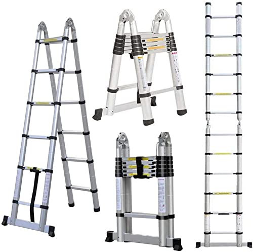 Échelle télescopique pliable en aluminium 3,8m (1,9m + 1,9m), 2 en 1 Escabeau Pliant Ladder, Échelle Escabeau Escamotable Télescopique, antidérapante, Échelle polyvalente 12 Echelons, Charge max 150KG