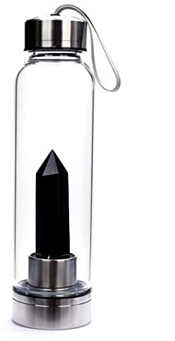 SAHKGYE Natural Crystal Water Bottle Reusable Gem Glass Water Bottle Natural Crystal Point Healing Obelisk Wand Elixir Quartz Crystal Water Bottle for Making Crystal Infused Gem Water